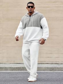 Manfinity CasualCool Plus Size Men's Contrast Color Fluffy Drop Shoulder Loose Drawstring Hooded Sweatshirt, Casual For Autumn/Winter