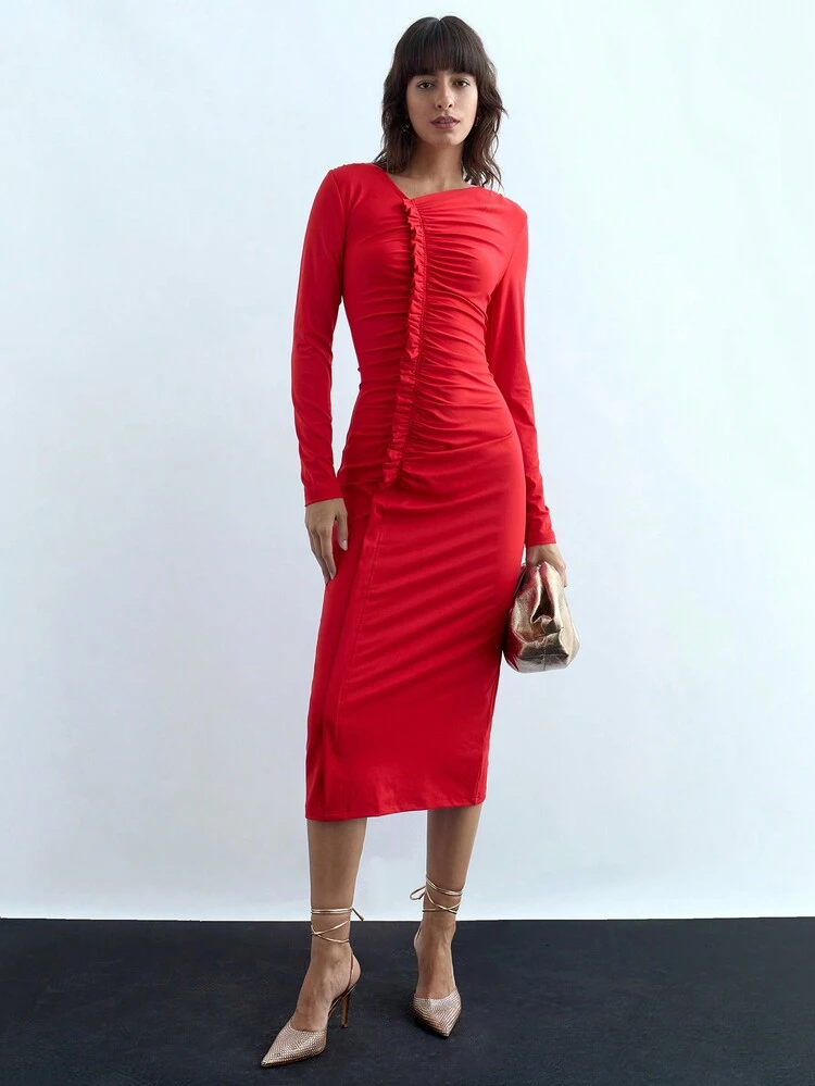 SHEIN Maija Damen rotes Midi Strickkleid mit Plissee, langärmeliges, elegantes, einfarbiges Weihnachtskleid