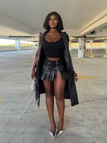 Zolique 女士 PU 黑色无袖长外套 - 黑色 - 查看 4