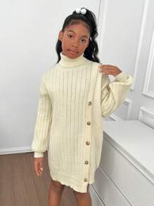 Gaun Sweater Rajut Lengan Panjang Kerah Tegak Kasual untuk Anak Perempuan Remaja, Musim Gugur/Dingin - Aprikot - View 4
