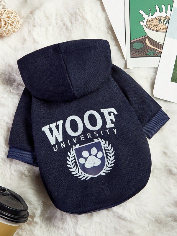 PETSIN 1pc Pet Dog Casual Hooded Sweatshirt, "Woof University" Letter Print, Navy Blue
