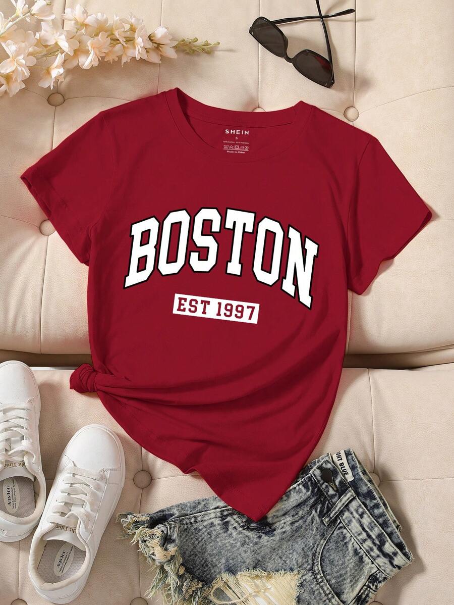 INAWLY 女士休闲字母印花短袖 T 恤，夏季图案 T 恤女式上衣 - 酒紅色 - 查看 1