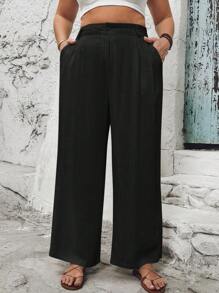 SHEIN VCAY Plus Size Apricot Linen Pocket Women Summer Pants - Black - View 1