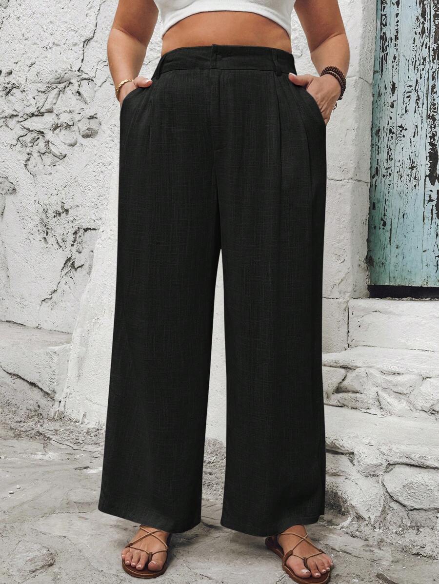 SHEIN VCAY Plus Size Apricot Linen Pocket Women Summer Pants - Black - View 1