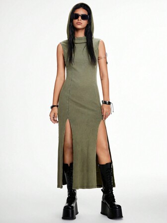 Grunge Punk Wasteland Dune Style High Slit Women's Hooded Sleeveless Bodycon Dress, Grayish Green