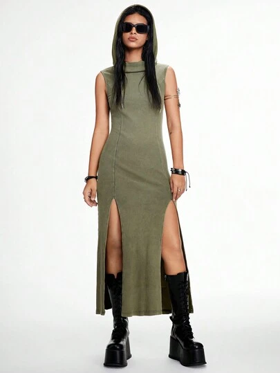ROMWE Grunge Punk Wasteland Dune Style High Slit Women's Hooded Sleeveless Bodycon Dress, Grayish Green