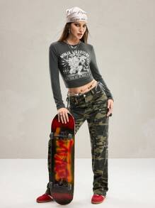 TEENAGE MUTANT NINJA TURTLES | SHEIN Women's Casual Cartoon Turtle & Slogan Print Slim Long Sleeve Cropped T-Shirt,Thermal For Winter