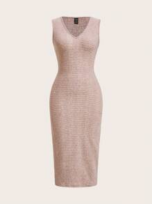 Slaydiva 2pcs V-Neck Midi Knit Dress And Long Cardigan Set - Beige - Apricot - View 3