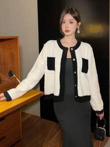 DAZY Áo khoác cardigan nữ cổ tròn tay dài có túi màu khối, quần áo nữ mùa thu - trắng - Xem 5