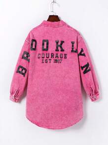 Oversized Vintage Y2K Streetwear Style Distressed Long Denim Jacket With V-Neck Collar For Tween Girl, Fuchsia - Hot Pink - View 2