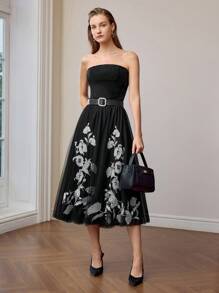 MOTF PREMIUM EMBROIDERY MESH FLARE SKIRT WITHOUT BELT - Black - View 2