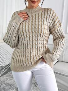 EMERY ROSE 大码女式芥末黄和白色高领扭纹针织宽松舒适套头衫，适合秋冬季和感恩节 - 彩色 - 查看 2