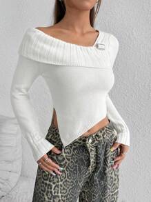 SHEIN Unity Áo len nữ tay dài lệch vai, kiểu dáng thời trang ôm sát, thanh lịch, xẻ tà, thích hợp cho mùa thu đông. - Màu be - Xem 7