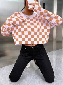 SHEIN Unity Checker Print Round Neck Casual Long Sleeve Sweater Knit Pullover Fall Winter - Multicolor - View 5
