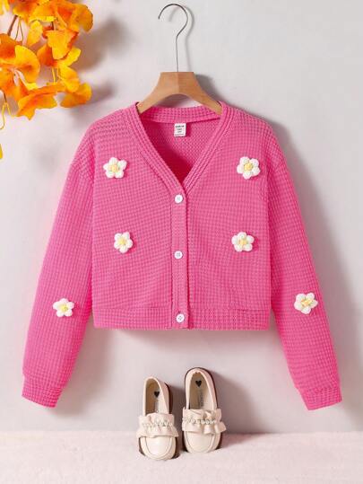 Tween Girl Casual Floral Print Knitted Cardigan Jacket, Autumn,Holiday,Summer,Travel