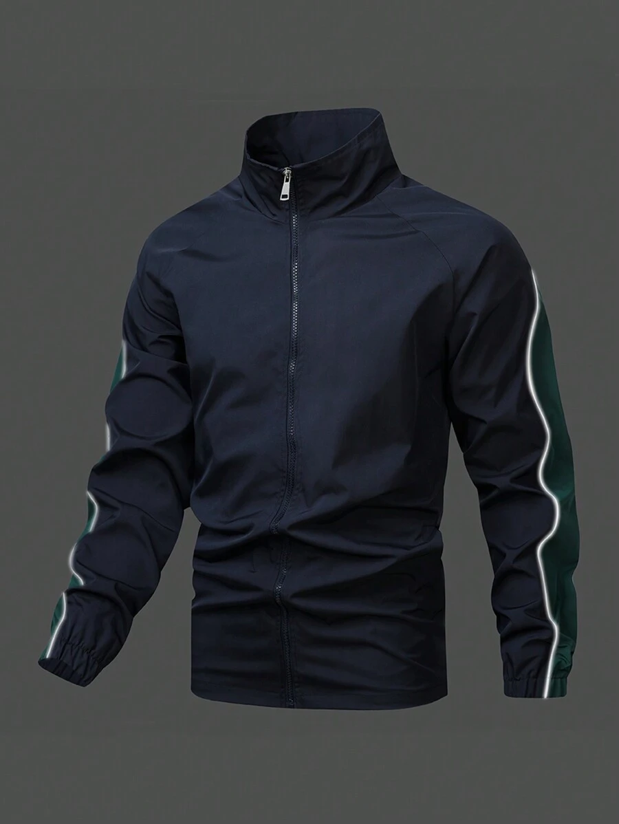 Manfinity Homme Men's Color Block Trim Zip Up Stand Collar Casual Jacket - Navy Blue - View 1