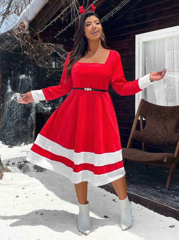 Celure Plus Size レディース ハイネック 長袖 パッチワーク レッド ファー トリム Aラインワンピース、クリスマステーマー秋服 - マルチカラー - 見る 6