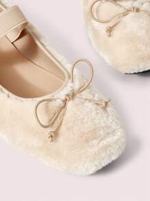 CUCCOO DOLLMOD Square-Toe Ballet Flats With Fuzzy Trim For Women New Year Holiday Valentines - Beige - View 3