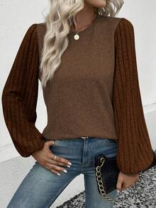 SHEIN LUNE Áo thun tay đèn lồng họa tiết khối màu thường ngày mùa thu - Cà phê nâu - Xem 4