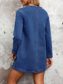 SHEIN LUNE 女士休闲拼布口袋羊毛牛仔连衣裙加厚牛仔布 - 藍色 - 查看 9