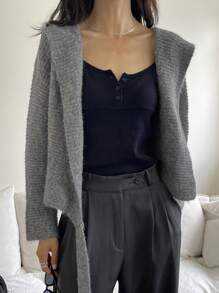 DAZY Women's Casual Solid Color Drop Shoulder Loose Hooded Cardigan With Drawstring Waist,Fall Clothes - Grey - View 8