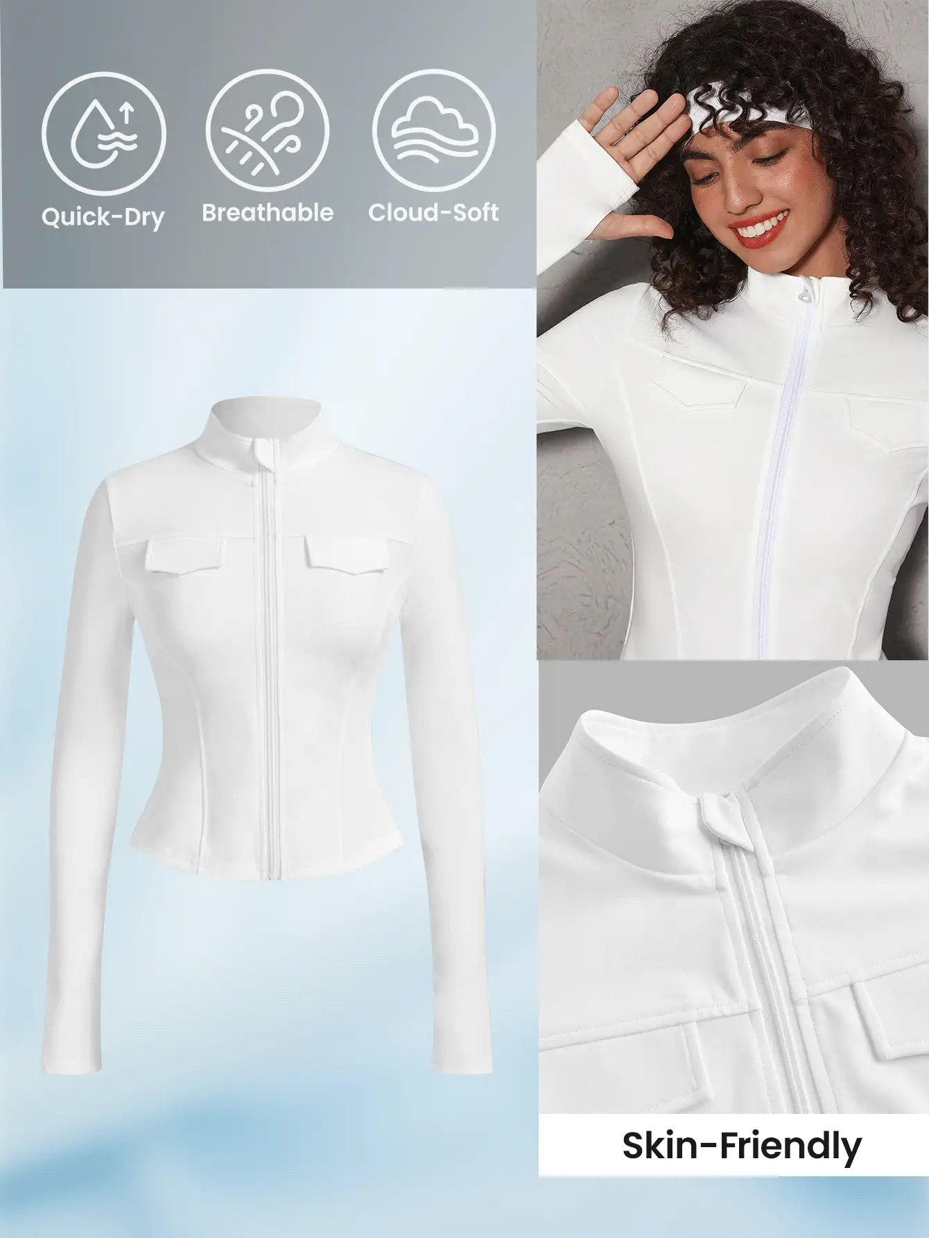 Easithlete Blouse simple et décontractée pour femmes, avec fermeture éclair avant, manches longues, fausse poche, couleur unie - Blanc - Voir 2