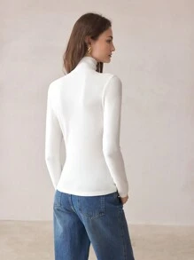 BizChic Parte superior de manga larga con cuello alto transparente, de unicolor y con empalme de malla para mujeres - Blanco - Ver 6