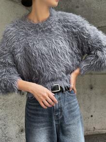 FRIFUL Women's Solid Color Casual Dropped Shoulder Loose Fluffy Knit Sweater, Autumn/Winter,Thermal Lined - Grey - View 3