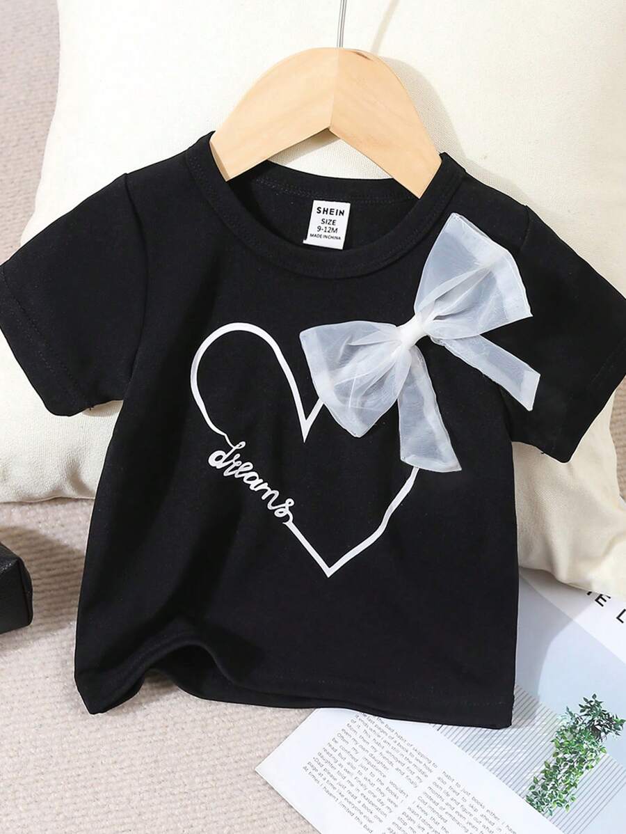 Baby Girl Butterfly Mesh Sheer Chest Heart Black Short Sleeve T-Shirt, Cool For Summer - Black - View 1