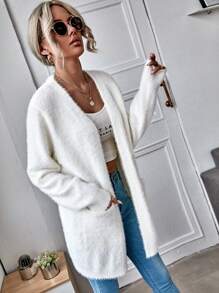 SHEIN LUNE Patch Pocket Fuzzy Cardigan,Long Sleeve Tops