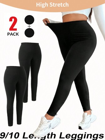 SHEIN EZwear 2pcs/Set Plus Size Women Stretchy Knitted High Waist Skinny Leggings, Casual, Outdoor Sports, Yoga, Daily Wear Black Pants