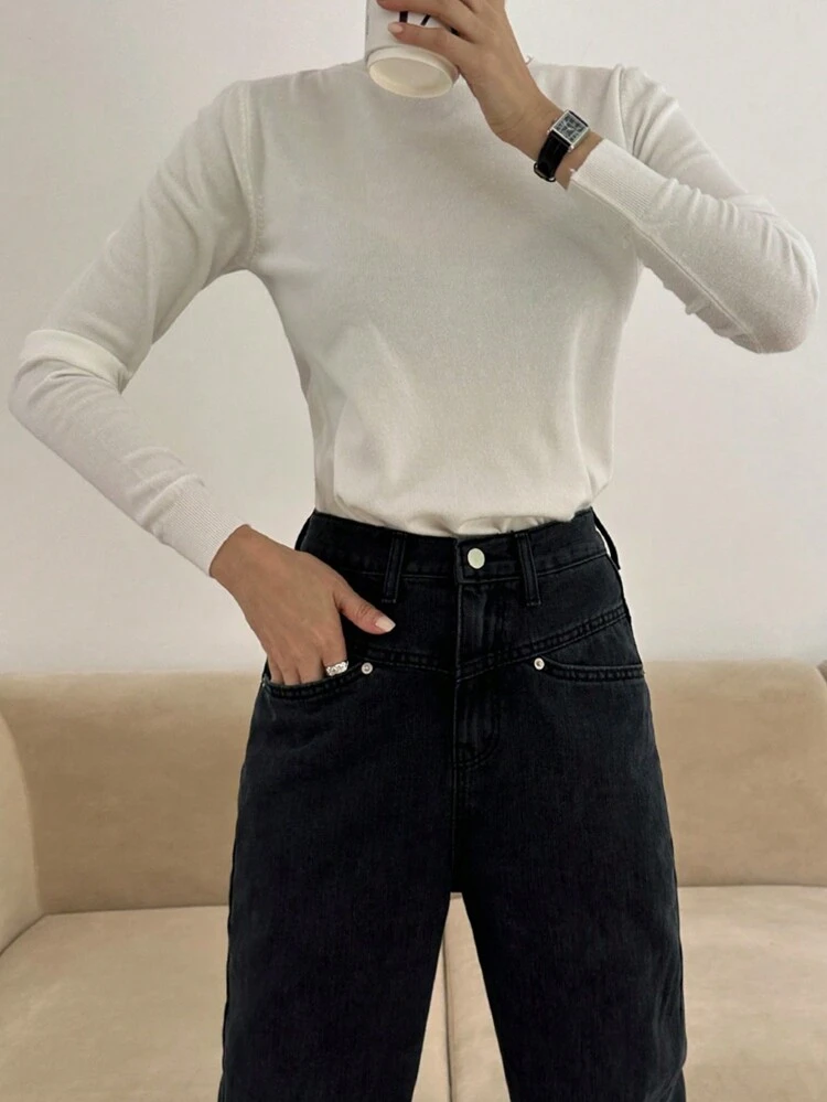Women's Crew Neck Solid Color Cropped Regular Fit Knit Sweater, Spring/Fall Clothes