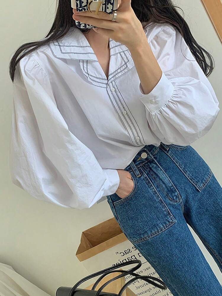 Women's Contrast Stitched Solid Color Mandarin Collar Shirt,Fall Clothes Long Sleeve Top