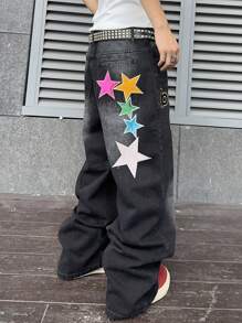 Manfinity EMRG 男士休闲牛仔裤，带口袋星星印花，图案长款宽松星星黑色深色洗水牛仔裤，洗水工装牛仔裤，适合丈夫、男朋友的礼物 - 黑色 - 查看 6