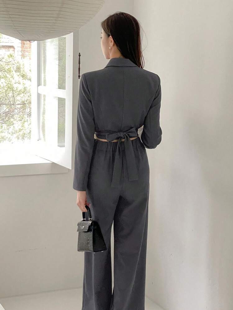 2pcs Solid Color Short Blazer And Wide-Leg Pants Women's Suit Set,Fall Clothes Business Attire