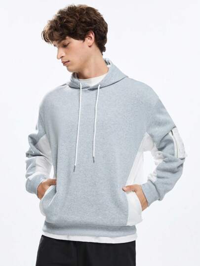 Manfinity VCAY Sudadera con capucha casual y holgada de punto con diseño de bloques de color, gris, para otoño e invierno