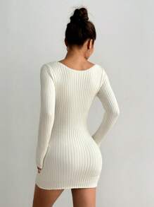 Flirla Vestido corto de punto ajustado y versátil casual - Albaricoque - Ver 2