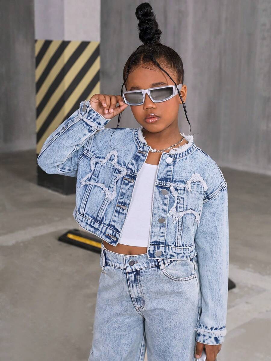 SHEIN Explorewe Áo khoác denim ngắn màu xanh nhạt phong cách Y2K cho bé gái tuổi teen - Rửa trung bình - Xem 1