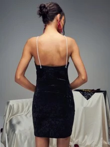 SHEIN Unity Velvet Bow Front Lace Detail Diamante Strap Mini Dress - Black - View 2
