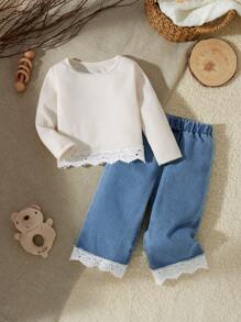 SHEIN 2 件套新生女童休闲复古花卉蕾丝边圆领长袖上衣和牛仔裤套装，适合秋冬季外出度假 - 彩色 - 查看 5