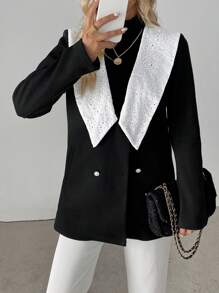 SHEIN Clasi 女式拼色缝线前扣口袋长袖休闲外套 - 黑色 - 查看 6
