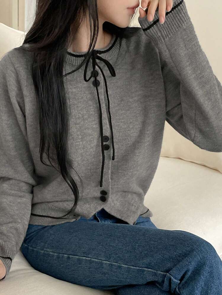 Women's Colorblock Trim Bowknot Front Button Elegant Long Sleeve Sweater,Long Sleeve Tops Fall
