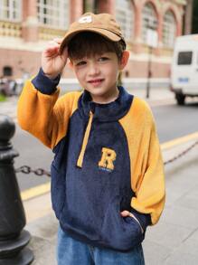 SHEIN 1pc Young Boy Korean Style Casual Sporty Chic Plush Windbreaker Jacket, Stand Collar Half-Zip, Ribbed Cuffs, Contrast Color Applique Letter Embroidery Design, Suitable For Schooling, Outdoor Sports, Streetwear, Autumn/Winter Season