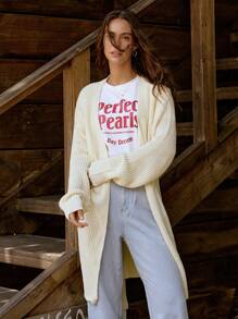 LanaWest 女士纯色落肩长袖宽松休闲长款开衫，秋冬季 - 杏色 - 查看 3