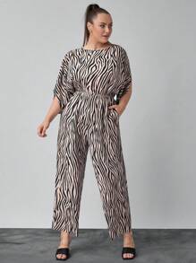 SHEIN Clasi Plus Size Elegant Black & White Striped Elastic Waist Jumpsuit, Suitable For Workplace And Teachers - Black and White - View 6