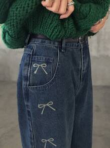 FRIFUL Quần Jeans Nữ Đơn Giản Thường Ngày Có Túi Trang Trí Nơ - Màu xanh lam - Xem 6