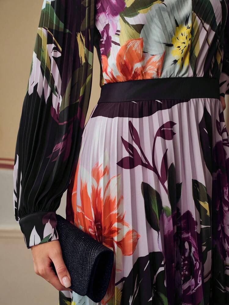 ZEYLAH VESTIDO LARGO PLISADO DE MANGA FAROL CUELLO EN V CON ESTAMPADO FLORAL