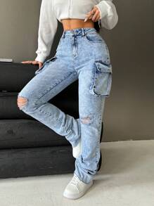 SHEIN EZwear Women's Blue Casual Stretchy Fitted Work Jeans - Blue - View 4