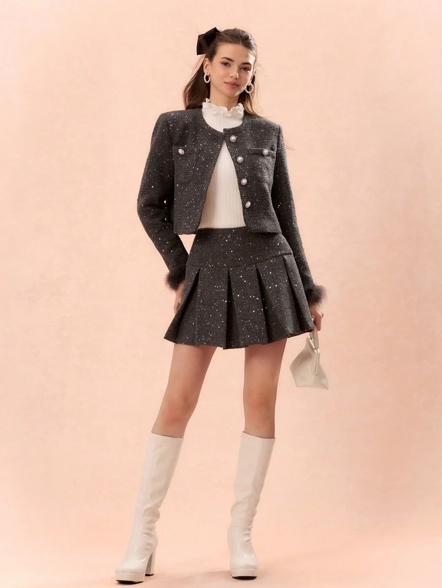 Enchnt 女士优雅全印花百褶裙