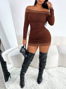 VaVaBold Đầm bó sát hở vai, chắp vá, gợi cảm, dự tiệc hàng ngày cho nữ, màu nâu, mùa thu/đông - Cà phê - Xem 7